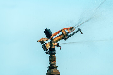 Obraz premium Water irrigation impact sprinkler in operation in field