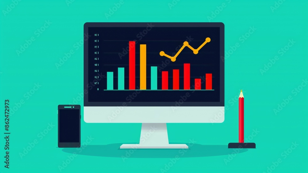 Poster modern workspace with computer displaying colorful bar graph and line chart on green background. sma