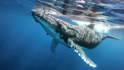 Fototapeta premium A Baby Humpback Whale Plays Near the Surface in Blue Water