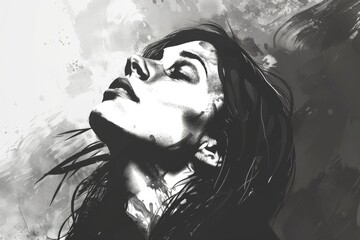 Black and white illustration of a woman looking up, praying towards the sky. Worship