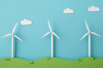 Fototapeta premium Paper art of wind turbines on green hills under a blue sky with clouds, representing renewable energy and sustainability.