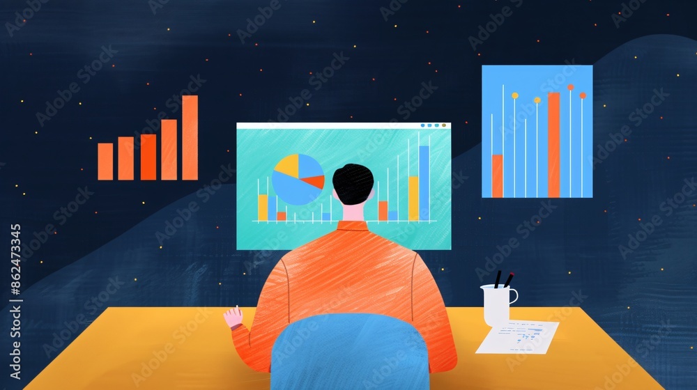 Poster person analyzing data charts and graphs on computer screen in office workspace, focusing on business