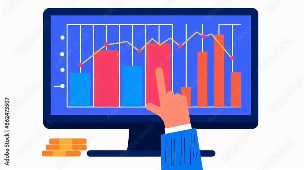 Poster person analyzing financial data on a computer screen with bar and line graphs, emphasizing growth an