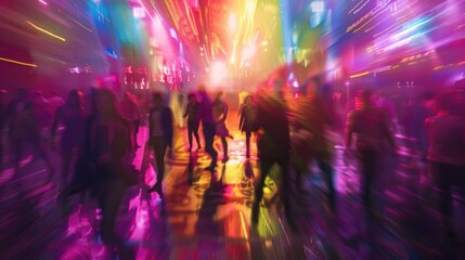 Blurred background revelry shindig. Night party with people are having fun in the rainbow spotlight at a nightclub