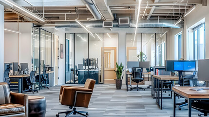 A tech startup hub featuring glass walls, carpet tiles, ergonomic office furniture, and smart lighting systems