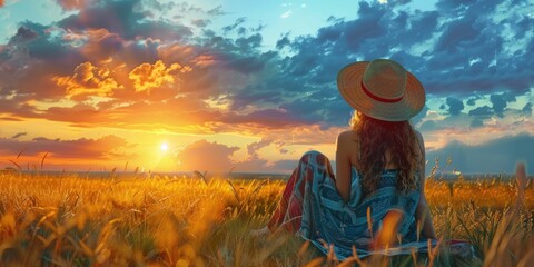 Fototapeta premium Boho Woman Enjoying Sunset Outdoors
