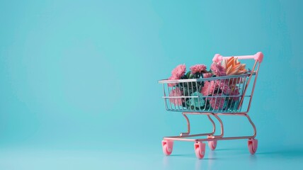 Miniature shopping cart filled with flowers against blue background