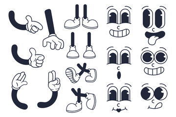 Retro Vintage Cartoon Character Design Elements. Eyes, Hands, and Feet Vector Set