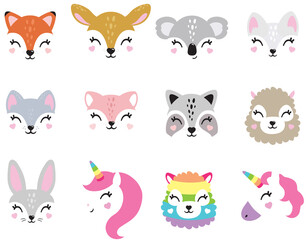 Cartoon cute baby animals for baby card, baby shower invitation. Vector illustration. Deer,cat, bunny,koala, llama, alpaca, raccoon,fox, unicorn, wolf. For printing on fabric, postcard, wrapping paper