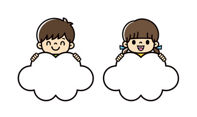 テキスト、バナー、広告用の雲の形のバナーを持つかわいい男女の子供たちのイラストセット