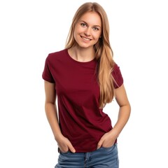 Fototapeta premium Burgundy t-shirt with a round neckline, solid color, white background
