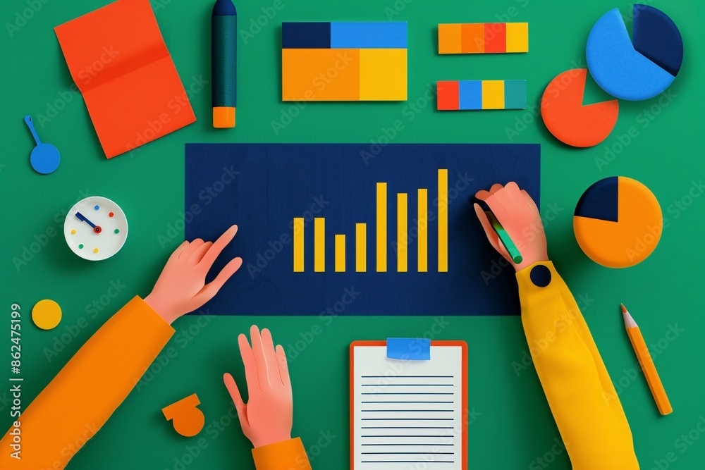 Poster top view of business workspace with hands working on data analysis, charts, and graphs on a colorful