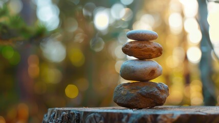Obraz premium Stack of four stones balanced on stump with blurred forest background