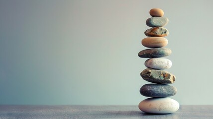 Stack of smooth, flat stones balanced vertically on surface against gradient background