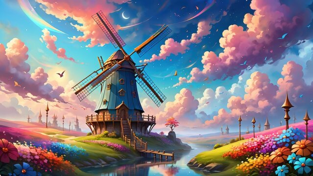 Picturesque windmill in a colorful spring landscape, embodying the essence of a perfect spring day. serene art wallpaper.