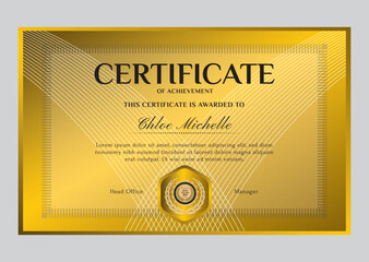 Elegant black and gold blue diploma certificate template with luxury badge and modern line pattern. For award, business, and education needs. Use for print, certificate, diploma, graduation