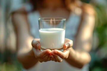 woman holding a glass of milk with a palm sign of rejection, symbolizing lactose intolerance and dairy avoidance.