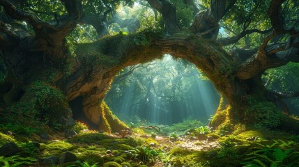 Ancient forest with sunlight filtering through trees, magical atmosphere. Nature and tranquility concept