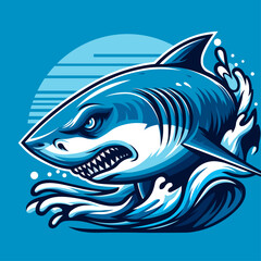 Angry shark appears from the blue ocean waves moon in the background flat vector illustration good for cartoon animation, t-shirt print and sticker graphics