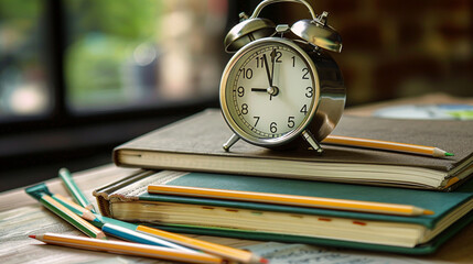 A sleek alarm clock atop a few textbooks, with pencils laid out neatly, indicating study time...