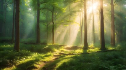 Obraz premium Lovely sunlight beams on a verdant forest