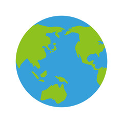 太平洋を中心とした緑と青のシンプルな平面の地球のイラスト