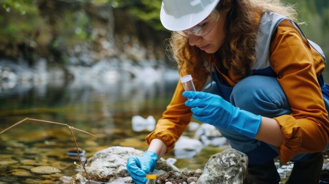 Female biologist using tube for taking water samples near lake for test. Water quality concept.