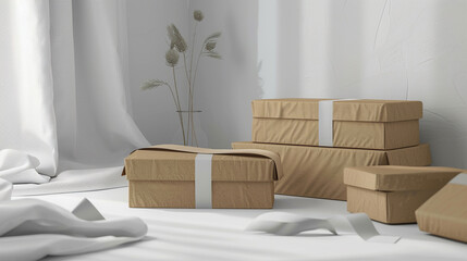 A variety of packaging designs displayed, including cardboard boxes, gift boxes, pouches, and cosmetic containers, showcasing different materials, colors, and styles. packaging mockup