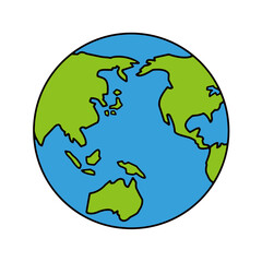 日本を中心とした緑と青のシンプルな平面の線画の地球のイラスト