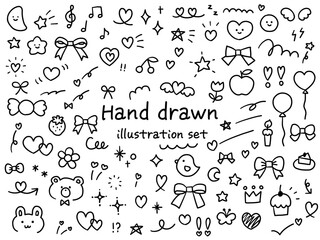 手描きのかわいい飾りイラストのベクターイラストセット　ハート　動物　星　花　手書き　リボン　苺　 © chie