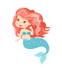 Hand drown vector illustration. Beautiful Girl Mermaid with pink hair isolated on white background