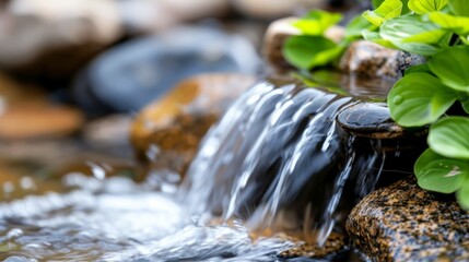 Small waterfall flowing gently, designed for water therapy, providing a refreshing experience and enhancing a good mood