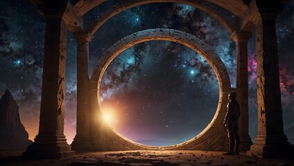 A galactic explorer documenting their journey through a series of interconnected ancient galactic portals ai_generated