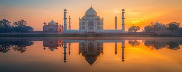 Taj Mahal at sunrise, soft golden light, perfect reflection in water, tranquil scene, watercolor effect, ethereal style