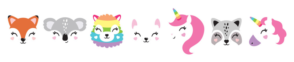 Cartoon cute baby animals for baby card, baby shower invitation. Vector illustration. Deer,cat, bunny,koala, llama, alpaca, raccoon,fox, unicorn, wolf. For printing on fabric, postcard, wrapping paper