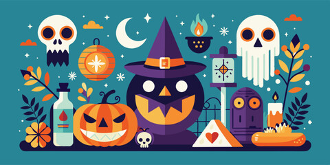 A pumpkin is surrounded by halloween icons wearing a witch hat. In the artwork, a pumpkin adorned with a witch hat is encircled by various Halloween symbols, creating a festive and spooky atmosphere