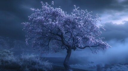 purple tree with fogy night sky background 