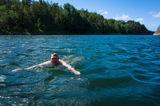 Adult man swimming in the clear water of a bay with forest in the background on a sunny summer day on the east coast of Sweden