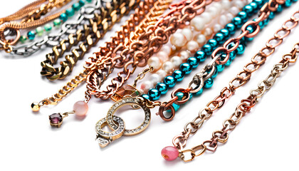 Different jewellery chains isolated on white, collage design