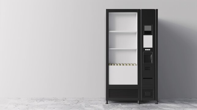 Monochrome vending machine display with snacks and beverages, with a realistic 3D design and automatic dispensing.