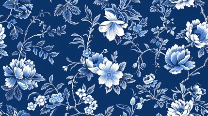 Elegant blue toile pattern with intricate floral Chinoiserie details, ideal for print designs.