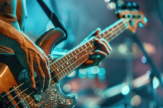  Electric bass guitar player hands, live music.