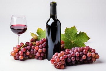 Obraz premium Red wine bottle with wine grapes,isolation white background