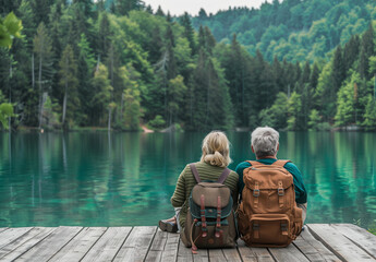 Älteres Ehepaar erholt sich nach einer Wanderung am See