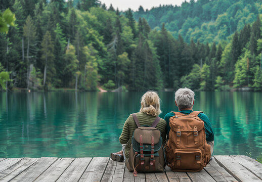 &Auml;lteres Ehepaar erholt sich nach einer Wanderung am See