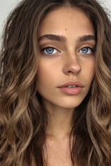 Obraz premium Woman model, long light brown hair, blue eyes, ultra realistic, with white skin, age 22, beautiful.