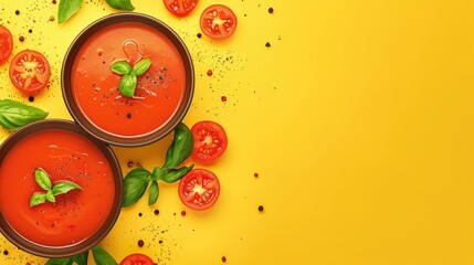 Healthy vegan food with tomato soup or gazpacho on a bright background Ample space for text