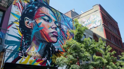 Naklejka premium 5. A street art mural on a building wall in a vibrant urban neighborhood, showcasing the creativity and artistic expression of city life.