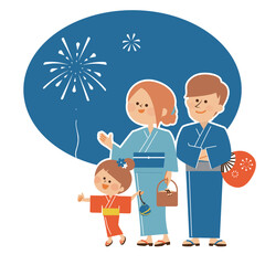 日本の夏祭り　花火大会　浴衣を着て笑顔で立つ家族のイラスト