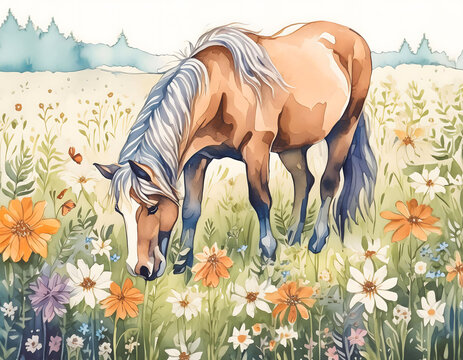A brown horse grazes on a summer meadow with wildflowers, rural idyll
